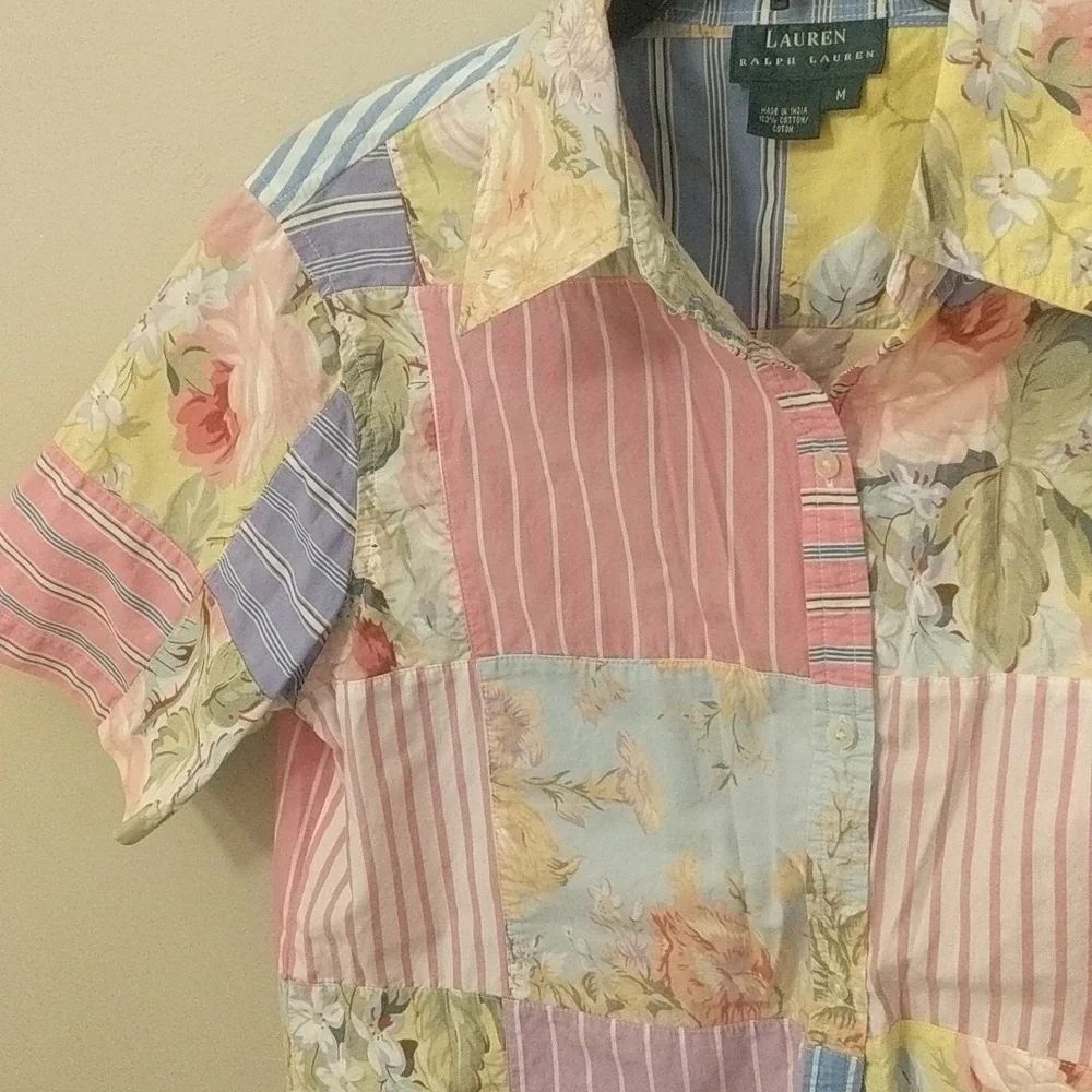 Lauren Ralph Lauren patchwork button up short sleeve 100% cotton. Unisex - Picture 4 of 5